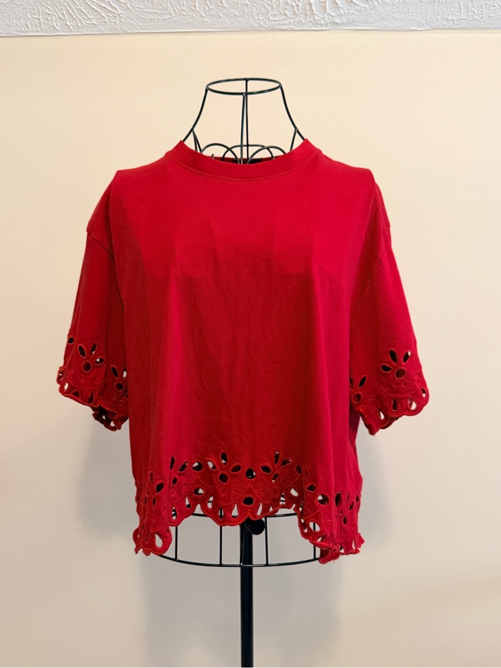 American Eagle Red Boho Crew Neck Embroidered Cut-Out Hem Crop T-Shirt Size L